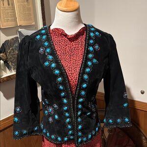 Black Blazer with Turquoise Embellishments and Textured Fabric